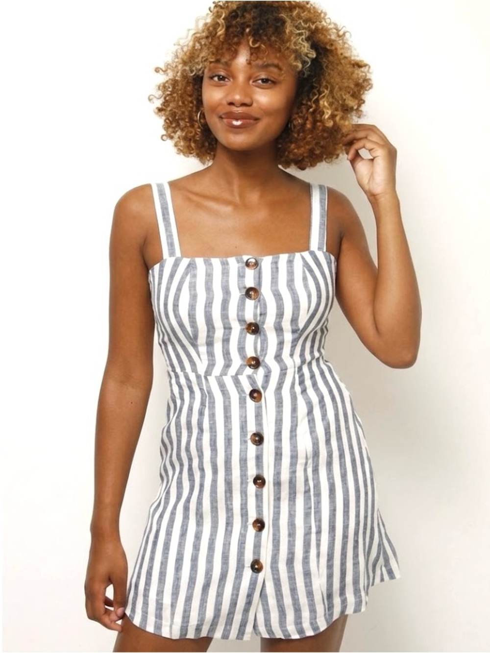 Olivaceous Sonia Striped Linen Coastal Mini Dress Button Down Navy White Medium